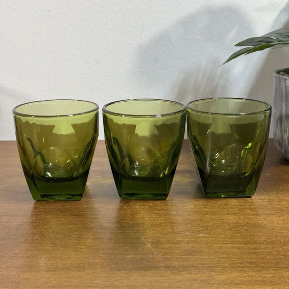 Vintage Square Bottom Glasses Avocado Green Hazel Atlas Colony On The Rocks - Picture 1 of 10